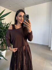 Mz 22830 A Kahve Yeşil Geçişli Asimetrik Bluzlu Elbise