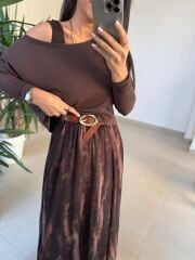 Mz 22830 A Kahve Yeşil Geçişli Asimetrik Bluzlu Elbise