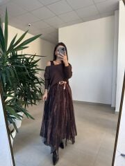 Mz 22830 A Kahve Yeşil Geçişli Asimetrik Bluzlu Elbise