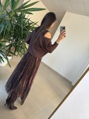 Mz 22830 A Kahve Yeşil Geçişli Asimetrik Bluzlu Elbise