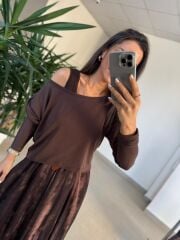 Mz 22830 A Kahve Yeşil Geçişli Asimetrik Bluzlu Elbise