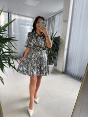 My 3393 Antrasit Benekli Kemerli Elbise