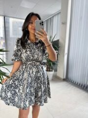 My 3393 Antrasit Benekli Kemerli Elbise