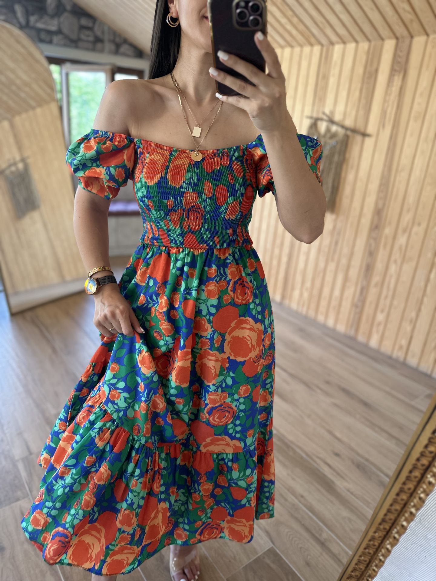 Turuncu çiçekli gipeli Poplin elbise