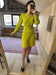 Ms Yan Düğmeli Yağ Yeşili Crep Elbise
