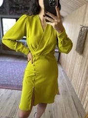 Ms Yan Düğmeli Yağ Yeşili Crep Elbise