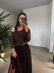 Mz 22830 A Kahve Asimetrik Bluzlu Elbise