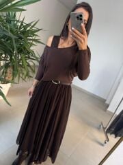 Mz 22830 A Kahve Asimetrik Bluzlu Elbise