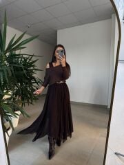 Mz 22830 A Kahve Asimetrik Bluzlu Elbise