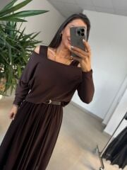 Mz 22830 A Kahve Asimetrik Bluzlu Elbise