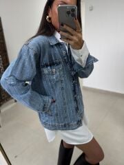 Yf 240401 Marka Model Taşlı Mavi Yıkamalı Denim Mont