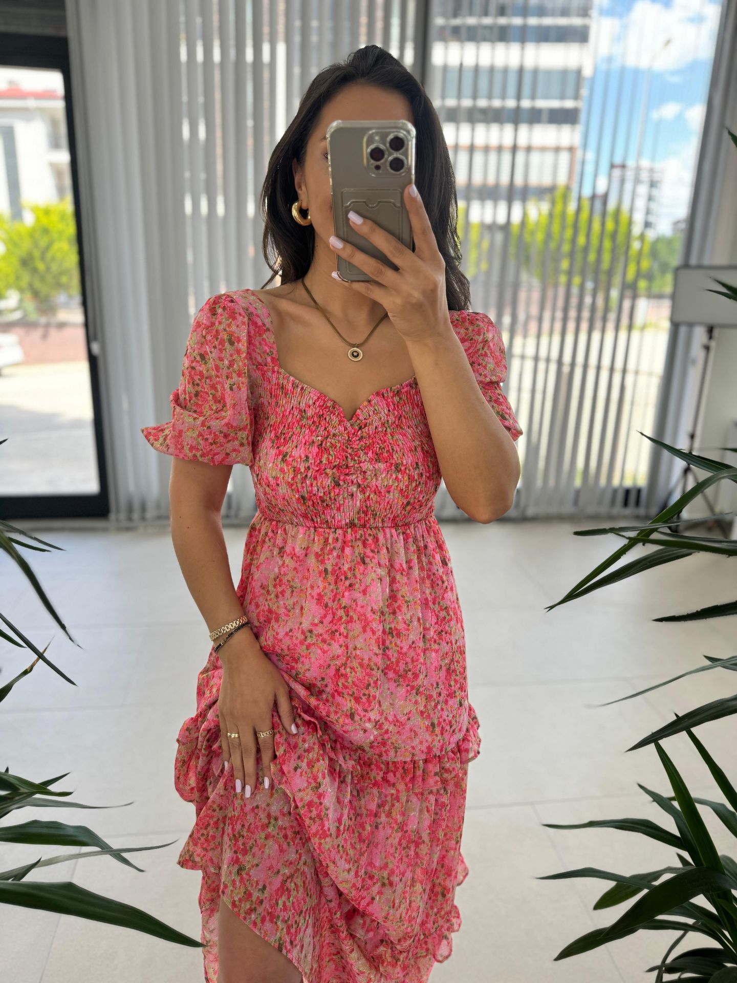 My 3230 Pembe Gipeli Kalp Yaka Şifon Elbise