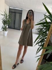 Ms 028 Pamuk Keten Basic Cepli Haki Elbise