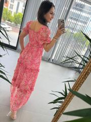 My 3230 Pembe Gipeli Kalp Yaka Şifon Elbise