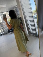 My 3751 Kruvaze Haki Kemerli Elbise