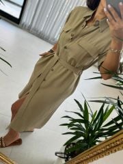 Ms Zeytin Yeşili Cep Kuşaklı Pamuk Keten Elbise