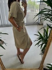 Ms Zeytin Yeşili Cep Kuşaklı Pamuk Keten Elbise