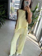 Ms 6161 Sarı Pamuk Keten püskül Detaylı Takım