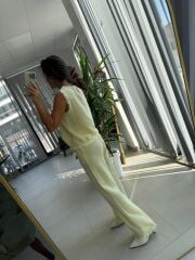 Ms 6161 Sarı Pamuk Keten püskül Detaylı Takım