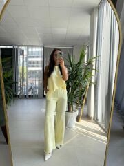 Ms 6161 Sarı Pamuk Keten püskül Detaylı Takım