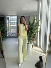 Ms 6161 Sarı Pamuk Keten püskül Detaylı Takım