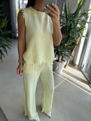 Ms 6161 Sarı Pamuk Keten püskül Detaylı Takım