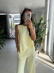 Ms 6161 Sarı Pamuk Keten püskül Detaylı Takım