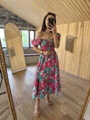 Pembe çiçekli Gipeli poplin elbise