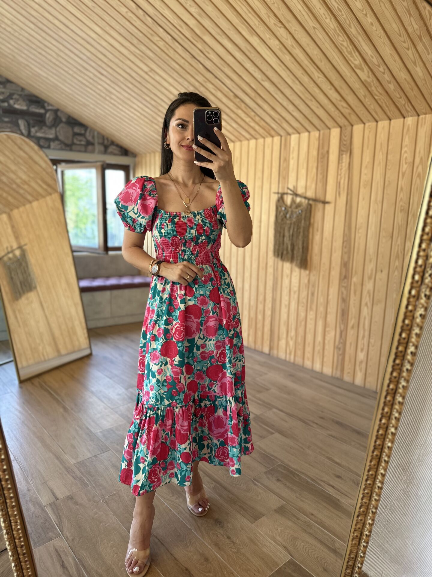 Pembe çiçekli Gipeli poplin elbise