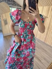 Pembe çiçekli Gipeli poplin elbise