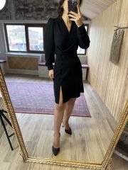 Ms Yan Düğmeli Siyah Crep Elbise