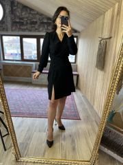 Ms Yan Düğmeli Siyah Crep Elbise