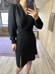 Ms Yan Düğmeli Siyah Crep Elbise