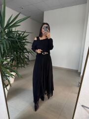 Mz 22830 Siyah Asimetrik Bluzlu Elbise