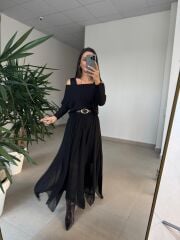 Mz 22830 Siyah Asimetrik Bluzlu Elbise