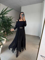 Mz 22830 Siyah Asimetrik Bluzlu Elbise