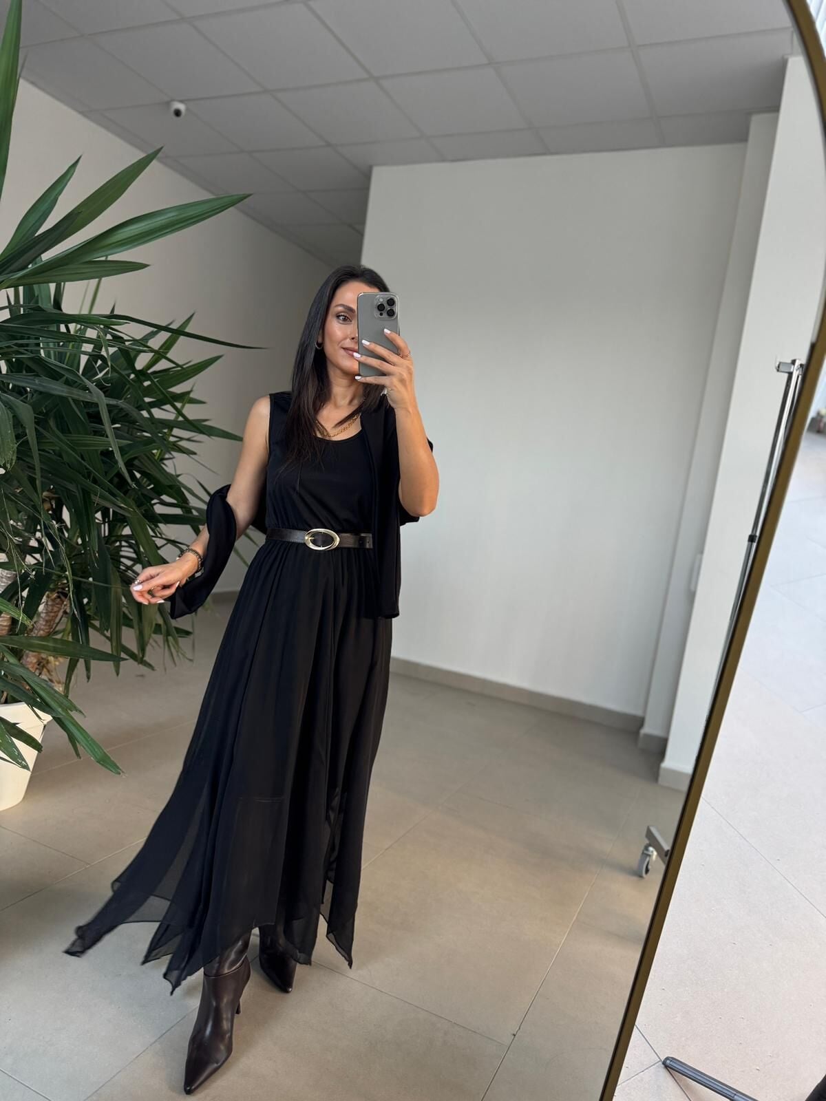 Mz 22830 Siyah Asimetrik Bluzlu Elbise