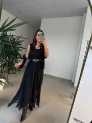 Mz 22830 Siyah Asimetrik Bluzlu Elbise