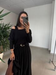 Mz 22830 Siyah Asimetrik Bluzlu Elbise