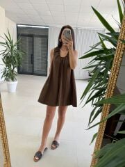 Ms 028 Pamuk Keten Basic Cepli Kahve Elbise
