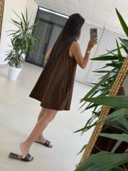 Ms 028 Pamuk Keten Basic Cepli Kahve Elbise