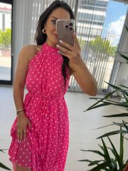 My 3486 Pink Polka Dot Halter Neck Chiffon Dress