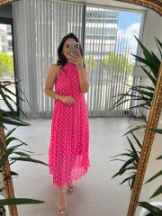 My 3486 Pink Polka Dot Halter Neck Chiffon Dress