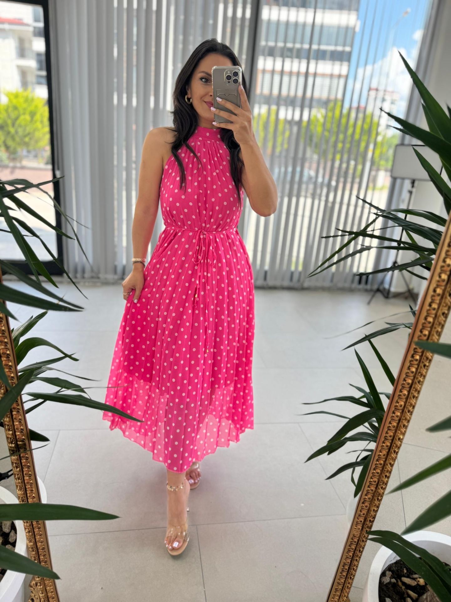 My 3486 Pink Polka Dot Halter Neck Chiffon Dress