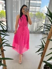 My 3486 Pink Polka Dot Halter Neck Chiffon Dress