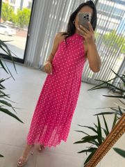My 3486 Pink Polka Dot Halter Neck Chiffon Dress
