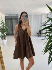Ms 028 Pamuk Keten Basic Cepli Kahve Elbise