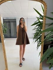 Ms 028 Pamuk Keten Basic Cepli Kahve Elbise