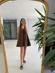 Ms 028 Pamuk Keten Basic Cepli Kahve Elbise