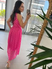 My 3486 Pink Polka Dot Halter Neck Chiffon Dress